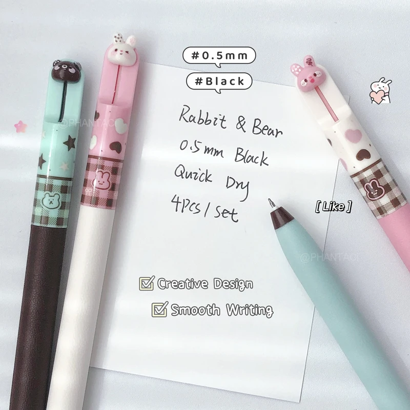 4PCS/Set Rabbit And Bear Style Gel Pen For Students Set 0.5mm Quick Dry Black Pen Creative Animal Writing Pen Office Supplies