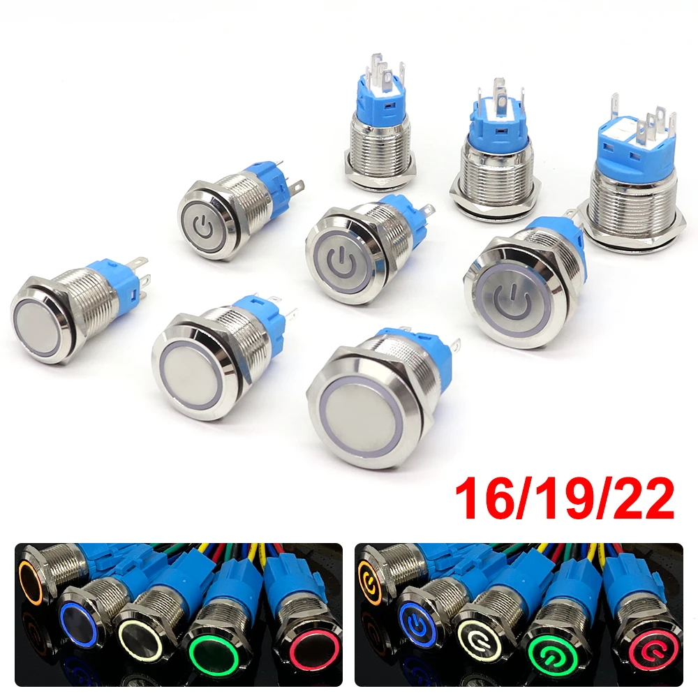 Popular 16MM 19MM 22MM Metal Push Button Switch Waterproof Power Button LED Light Momentary Latching Car 6V 12V 24V 220V