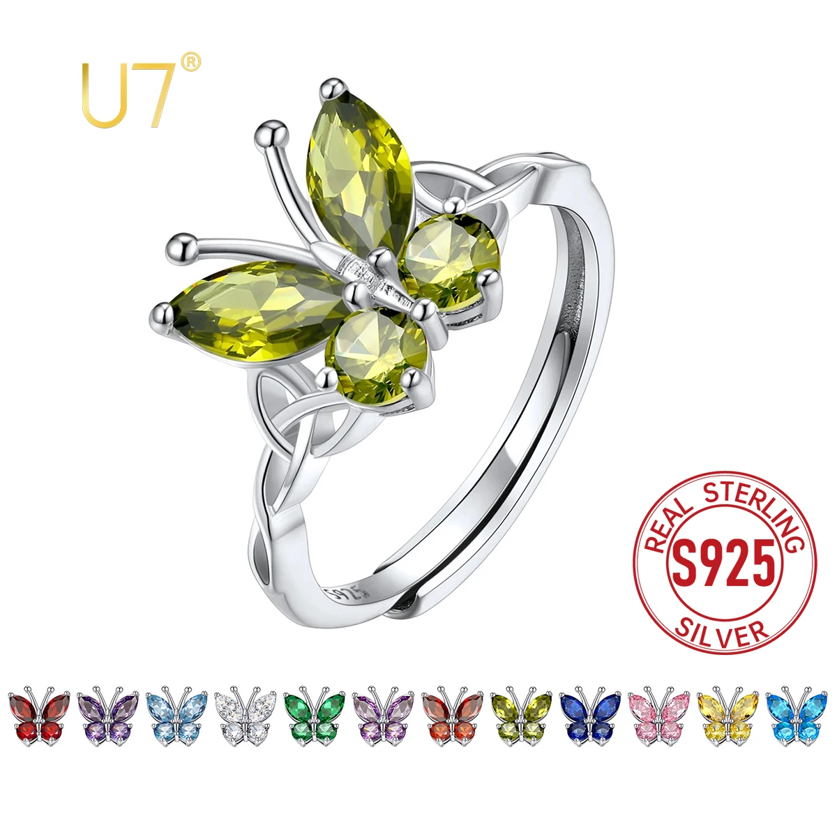 

U7 925 Sterling Silver Butterfly Birthstone Ring Adjustable Size Elegant Woman Daily Jewelry Birthday Anniversary Gift For Her