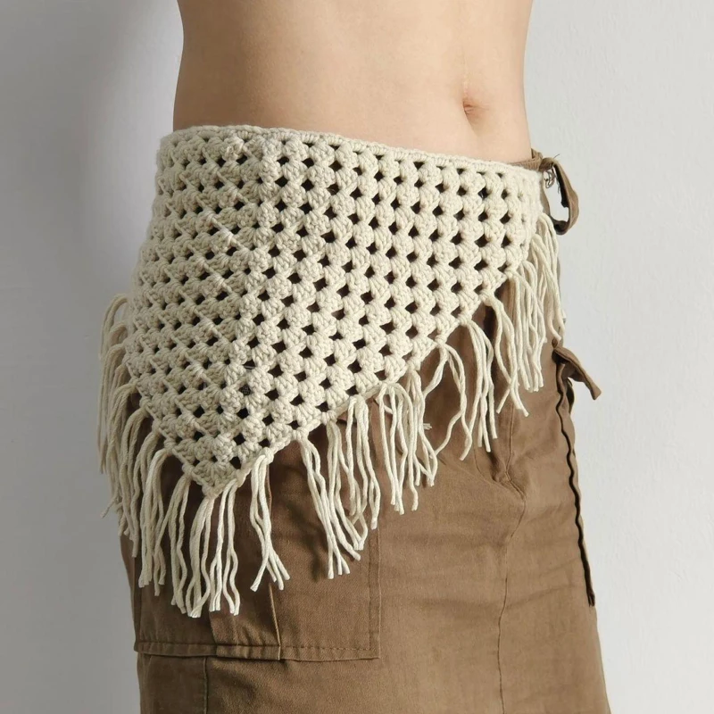 تنورة نسائية Y2k بوهيمية مجوفة يدوياً مثلث الحجاب تزيين شرابة الورك المئزر الطبقات الكروشيه ضرطة الستار