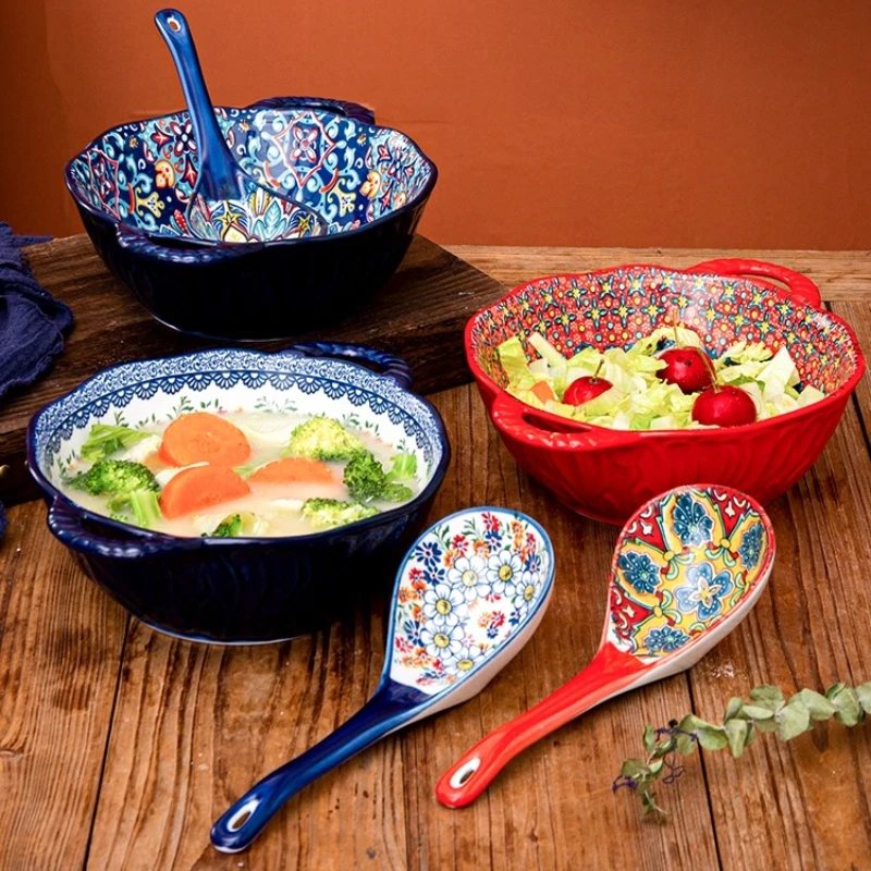 8in Ceramic Soup Bowl Double-Ear Soup Bowl Household Good-looking Salad Large Bowl Popular Restaurant Tableware Ramen Soup Bowl