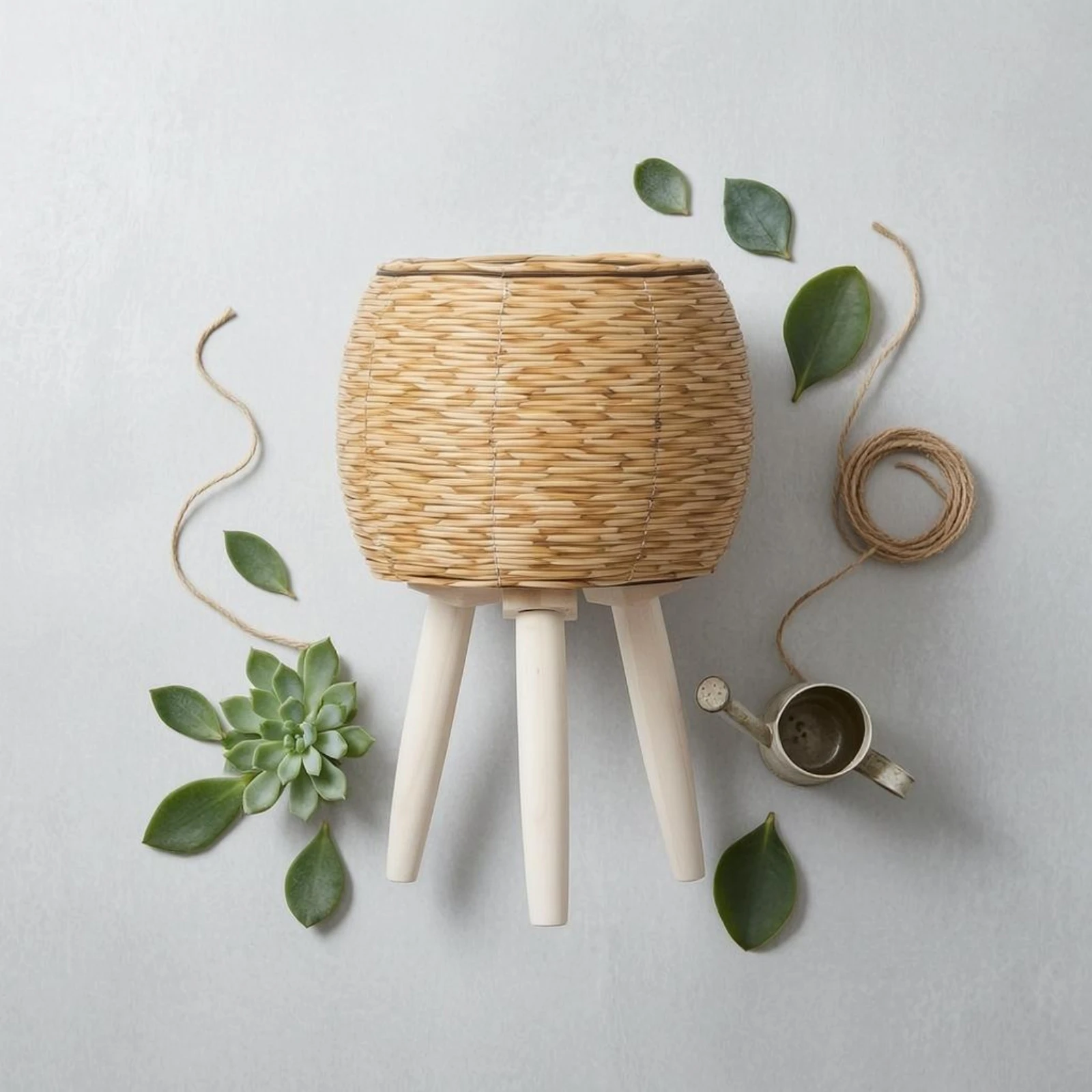 Tabletop Planter Wooden Stand Decorative Planter Rattan Plant Basket Three-Leg Woven Flower Pot Cover Triangular