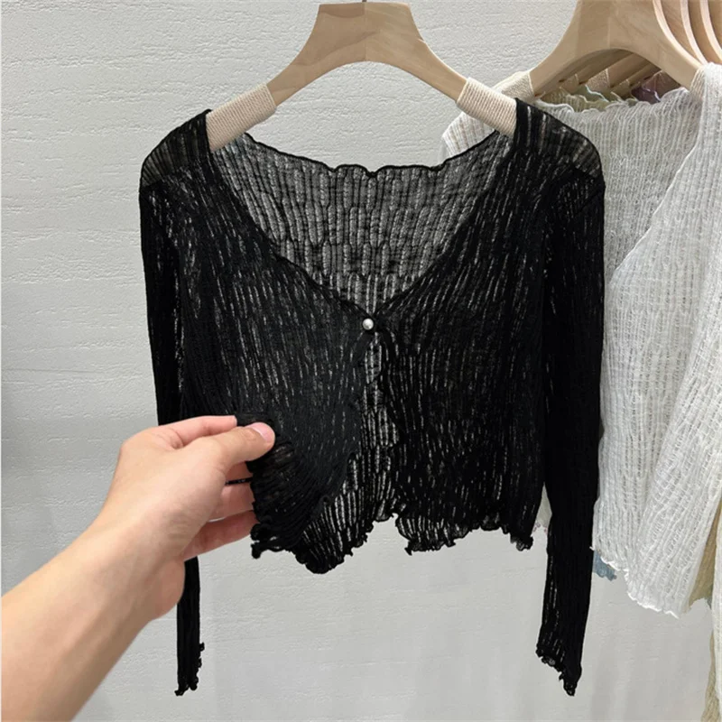 Summer Women Thin Sunscreen Cover Up Cardigan Lace-up Knitwear Tops Female Korean Long Sleeve Short Coat Casual Sun Protected