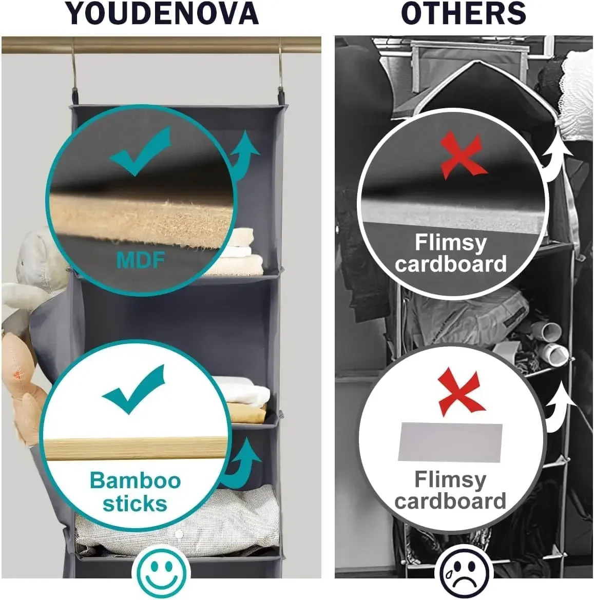 منظم وتخزين الخزانة المعلقة، أرفف تخزين معلقة قابلة للطي مكونة من 6 أرفف مع خطافين لغطاء الأحذية والسراويل الملابس