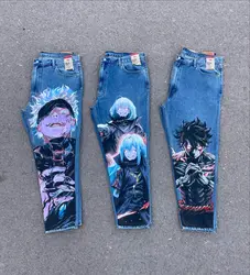 Harajuku Y2k Style Blue Popular Anime Graphic Wide Leg Jean Fashion Streetwear Denim Mens Jeans Couples High Waist Pants