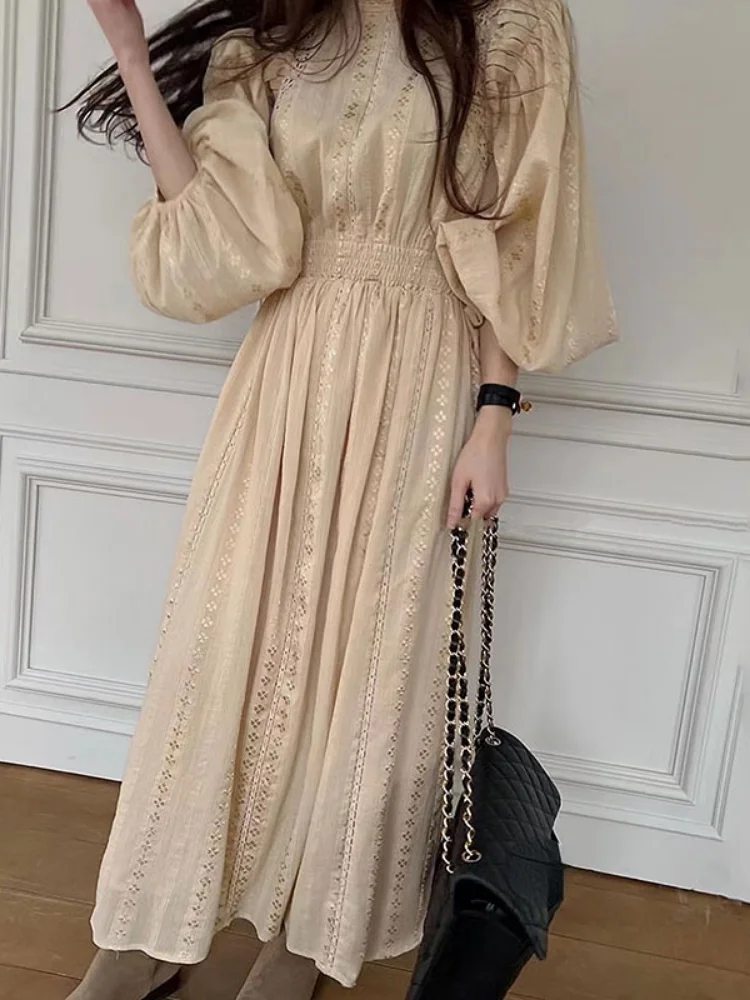 Woherb Elegant Women Stand Neck Embroidery Jacquard Dress Pleated Waist Lantern Sleeve Dresses 2024 Spring Autumn New Vestidos