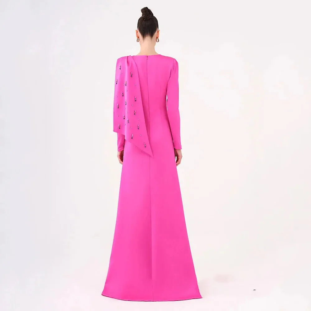 Fuchsia Prom Dress Saudi Arabian Party Dresses Round Neck Full Sleeves Stones Beadings Satin Formal Evening Gown Robe DeSY-010