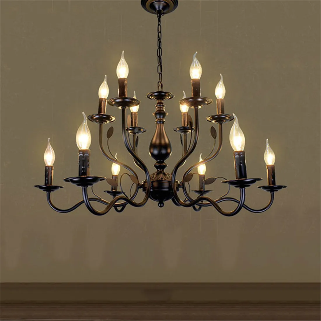 Black French Country Chandelier Farmhouse Candle Iron Lustres Vintage Metal Pendant Light for Kitchen Island Dining Room Bedroom