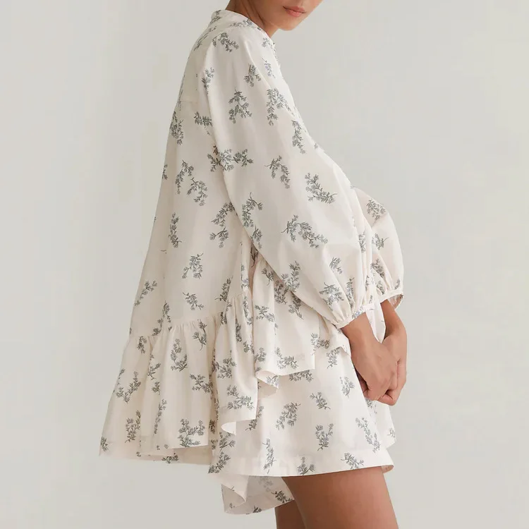 Women Stand Collar Long Sleeve Blouses With High Waist Shorts Flounce Design Print Two Pieces Sets Summer Suits Ladies Outfits