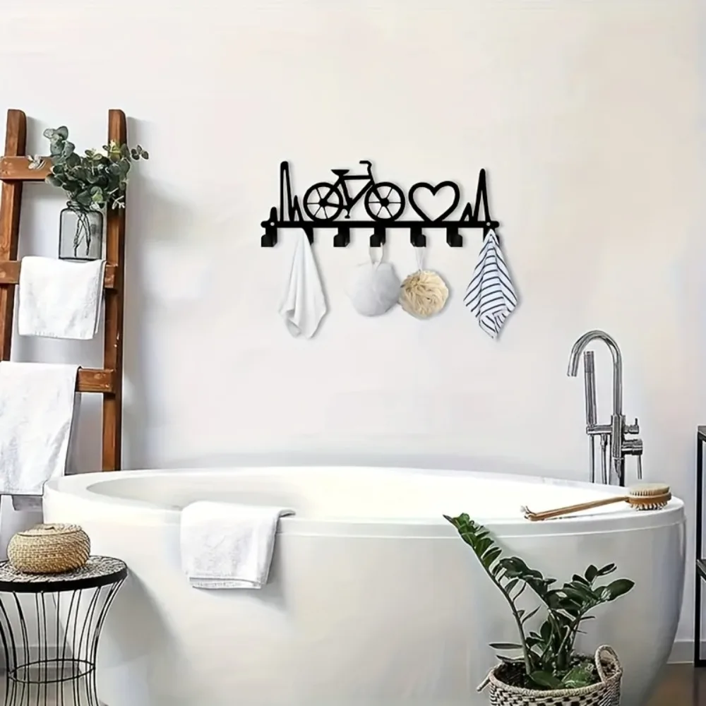 AliExpress CIFBUY Metal Wall Art Hooks, 7-Hook Entryway Organizer, Bicycle Heartbeat Theme for Keys Coats, Home Decor