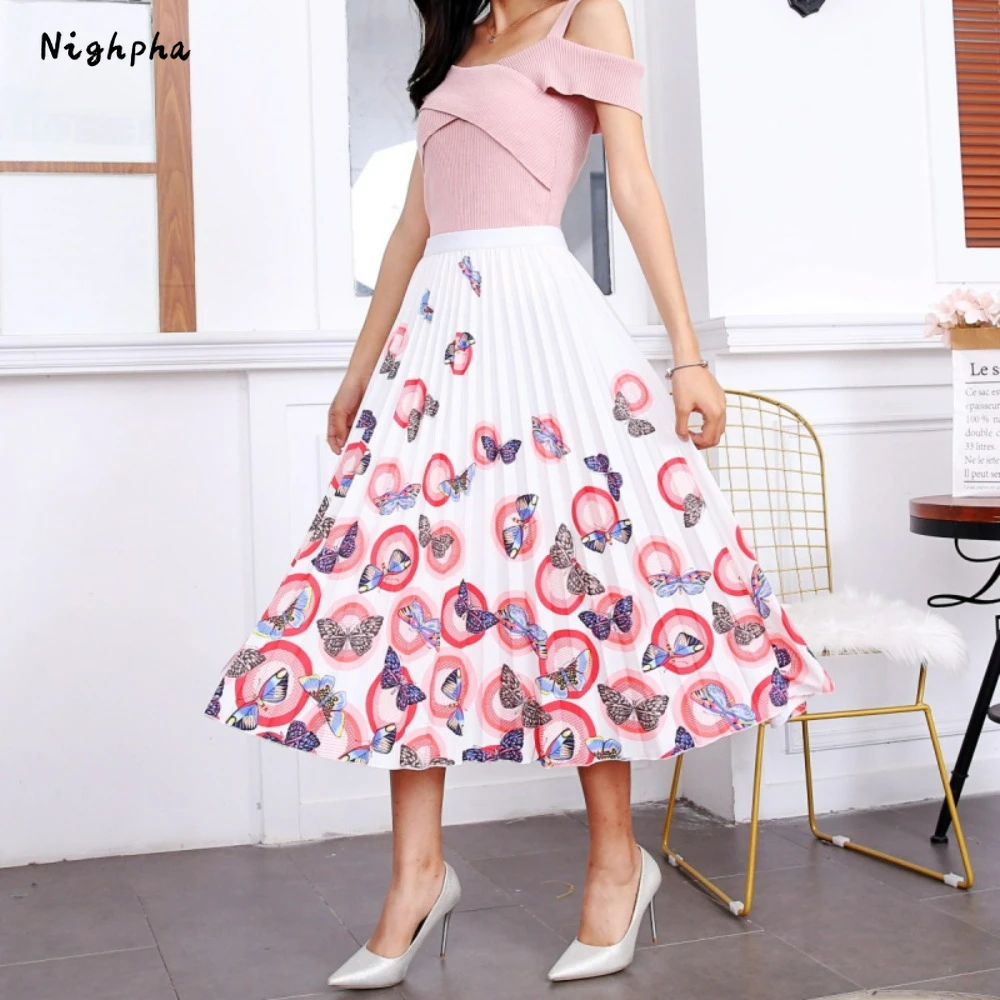 

Nighpha Women's High Elastic Waist Pleated Skirt Butterfly Printed Midi Long Large Hem A-line Skirts Causal Summer