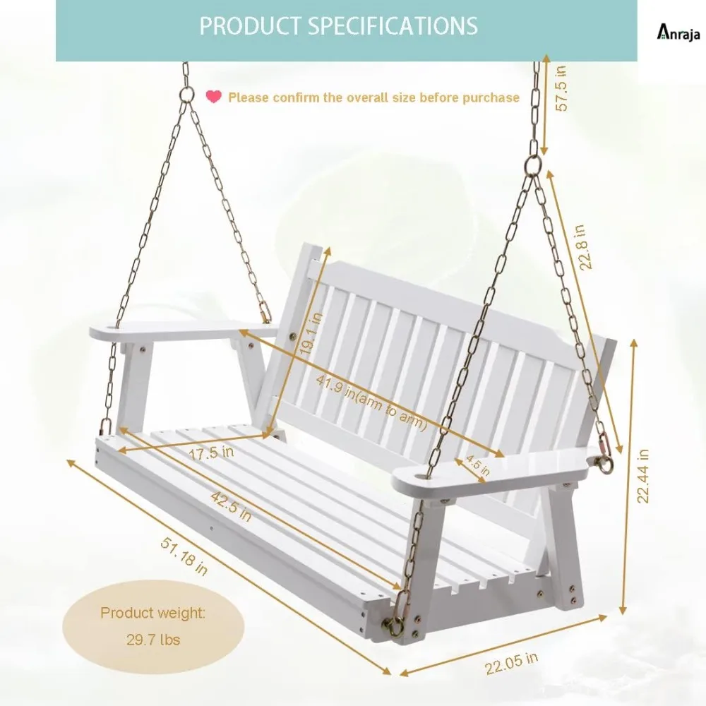 

Wooden Porch Swing 2-Seater, Bench Swing with Hanging Chains, Heavy Duty 800 LBS, for Outdoor Patio Garden Yard,4 Ft