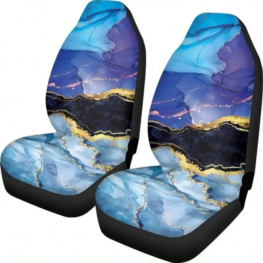 

Universal Car Front Seat Covers Blue Purple Marble Pattern Non-Slip Bucket Seat Protector Interior Decor