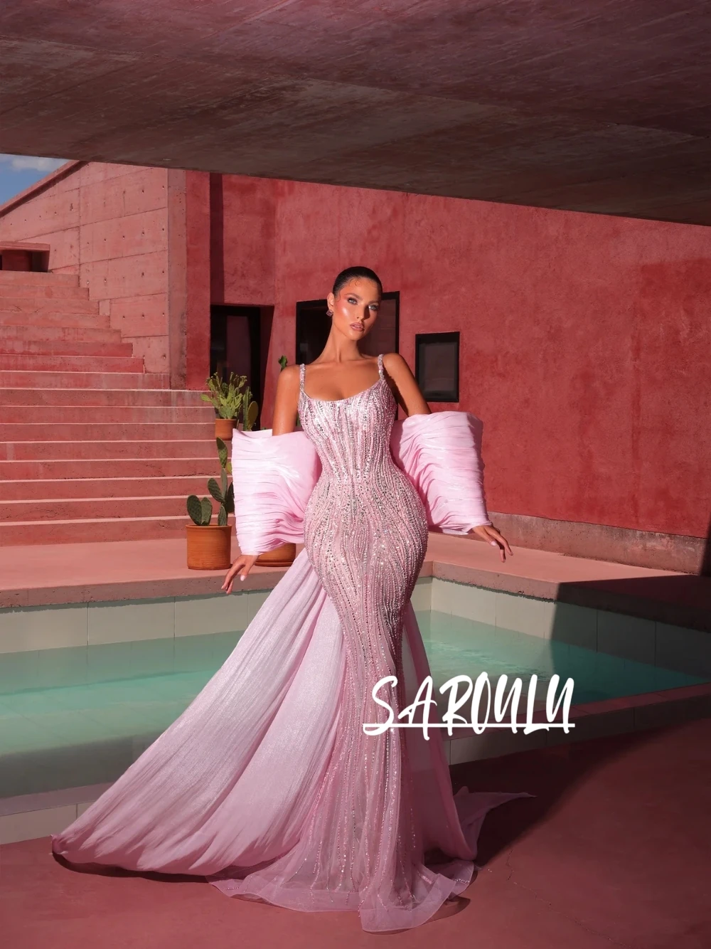 Graceful Pink Shiny Evening Dress With Cape Beaded Sequined Mermaid Customized Prom Gown Stunning Square Neck Cocktail Wear