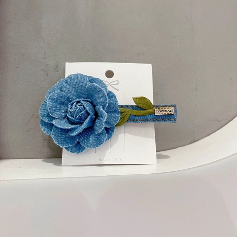 Denim-Flower Barrette Blue Camellia-Hair Clip Headband Scrunchie Holder Headwear Dropship