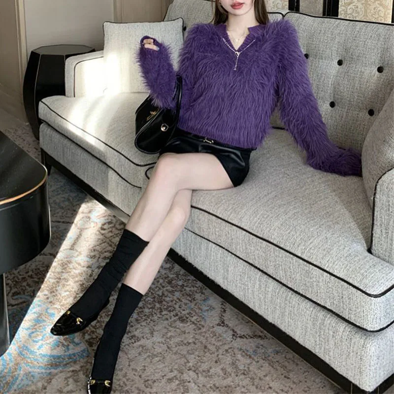 Lazy Wind Purple Y2K Sweater Tops New Thermal Loose Autumn Winter Design Long Sleeves Knitting V-neck Pullover All-match Tops