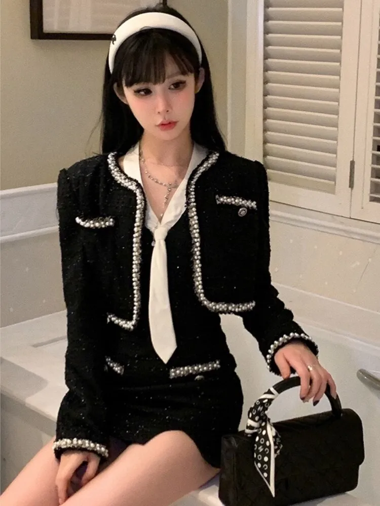 Autumn Elegant 2 Piece Set Black Suit Short Jacket Sexy Spaghetti Strap Mini Dress Y2K Party Korean Chic Female Outfits New 2024