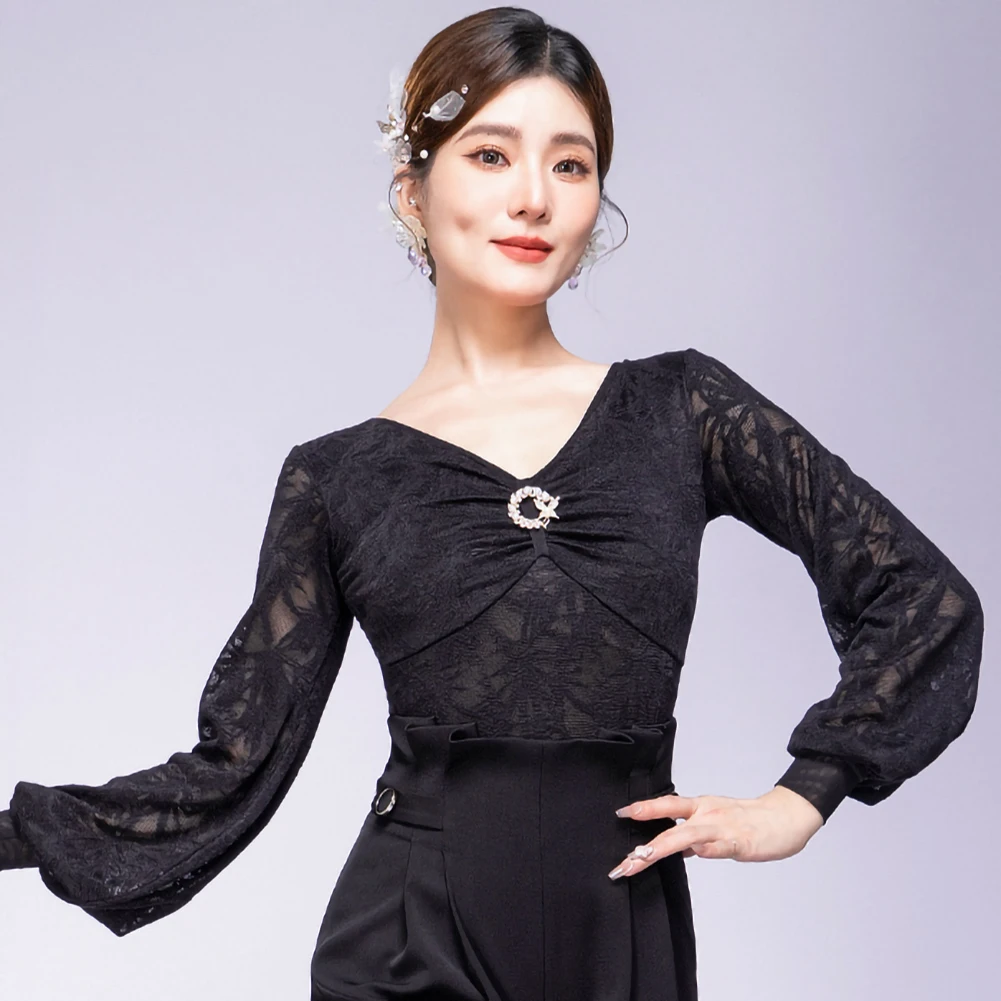 Mangas acampanadas, Top de baile de salón negro, vals, salón de baile, fucsia, elegante, moderno, ropa de práctica, vestido de salón caramelo