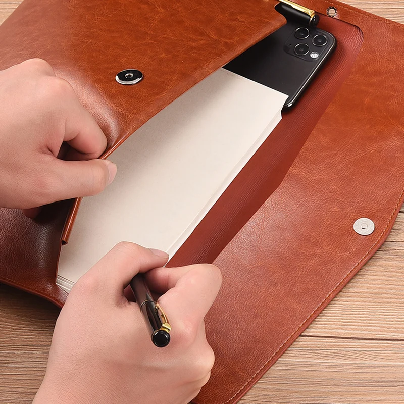 A5 حقيبة تخزين المستندات الجلدية مجلد البيانات حزمة رجل امرأة بولي Brown براون الأعمال فاتورة حقيبة ملفات اللوازم المكتبية المدرسية #4