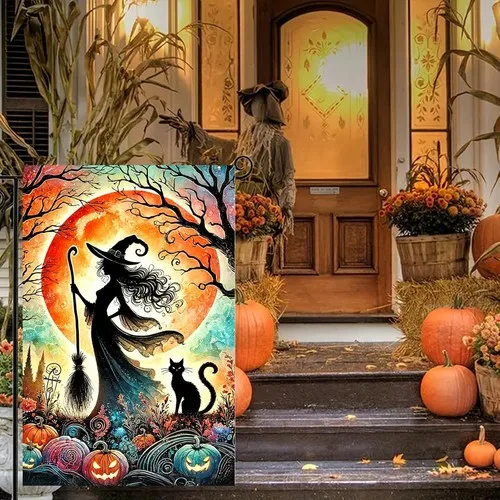 Halloween Garden Flag Witch Black Cat Broomstick Full Moon, 12x18 Inch XXQ
