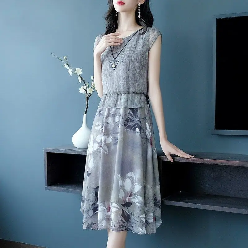 

Vintage Printed O-Neck Spliced Fake Two Pieces Sleeveless Dress Women's Clothing 2024 Summer New Loose Office Lady Floral Dress