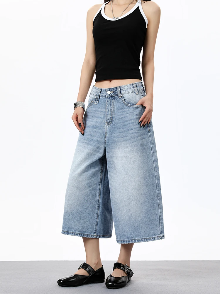 

American Style Vintage Washed Wide Leg Seven-Foot Jeans Women Summer Street Style Loose Slim Straight Mid-Length Pants
