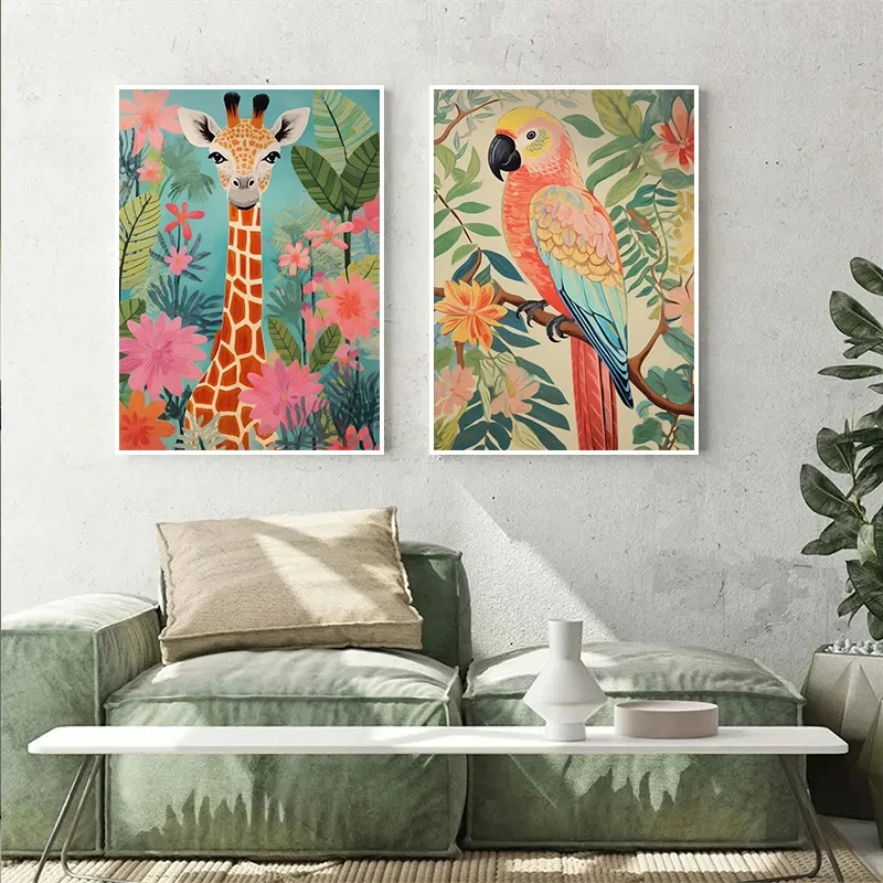 Pastel Botanical Jungle Animal Poster Giraffe Elephant Lion Parrot Snake Tiger Print Wall Art Picture Canvas  Home Decor