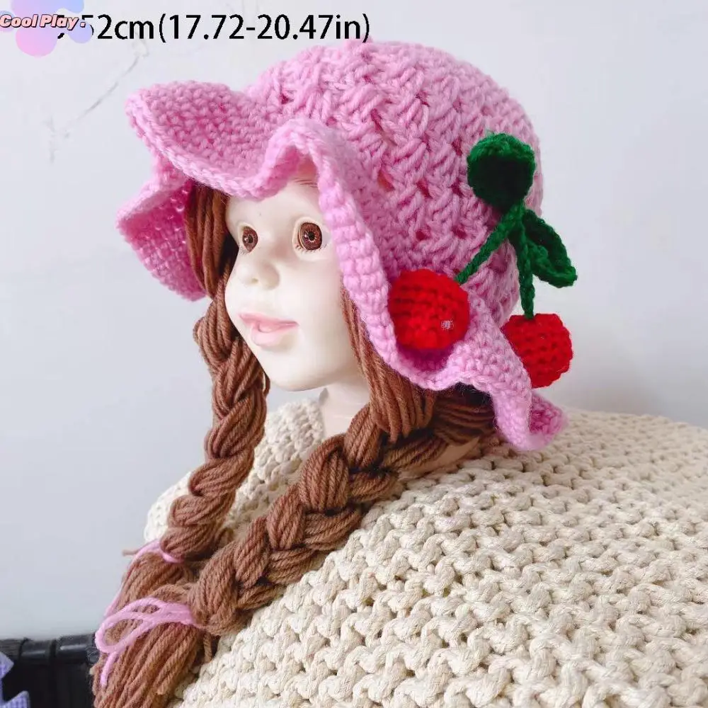 

Pink Bow Kids Wool Cap With Plaits Braided Design Handmade Braided Earflap Handmade Knitted Girls Style Infant Wigs