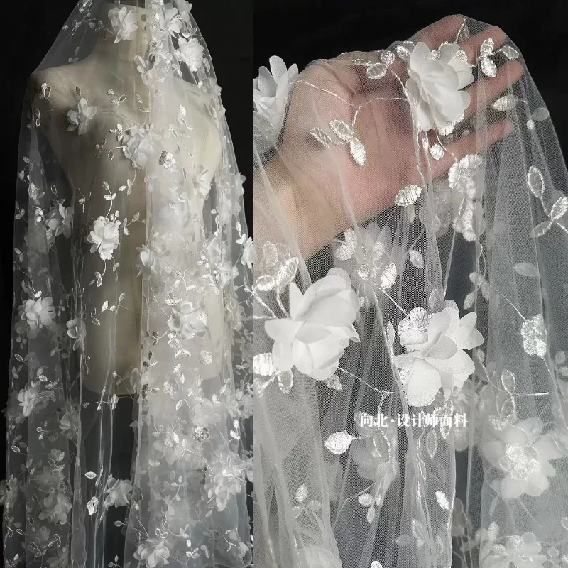 White 3D Flower Heavy Embroidery Sheer Tulle Fabric Floral Applique Transparent Mesh Cloth for Wedding Dress Bridal Gown Cosplay