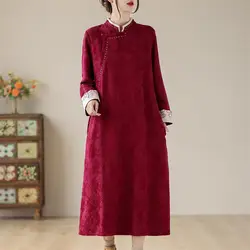 2023 Autumn And Winter Improved Qipao Dress Women's Casual Art Large Size Loose Standing Neck Retro Mom's Floral Dress Z3942