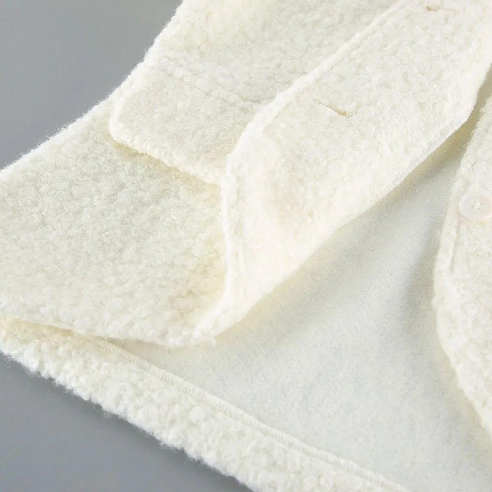 Modische, schicke, lockere Wolljacke mit Baumwollfutter, Tweedstoff, kurzer Mantel, lässige Luxusjacke mit Knopfleiste und Raffung – Detail 4