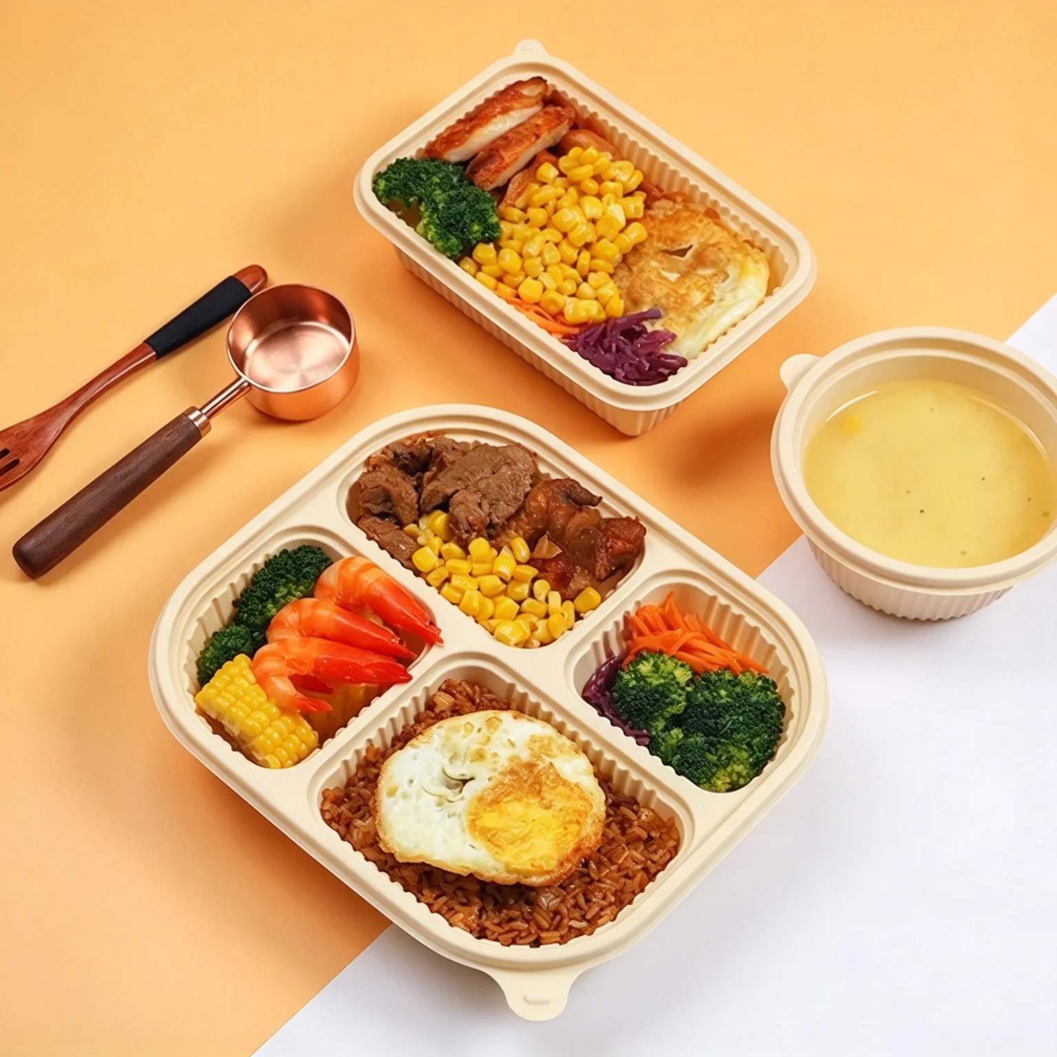 3/4/5 Compartment Corn Starch Lunch Boxes Disposable Compostable Food Containers with Lids Microwavable Takeaway Meal Trays