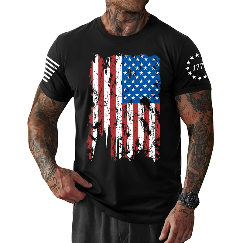 Retro Flag Print T-shirt For The 250th Anniversary Of The United States Black Round Neck Short Sleeve T Shirts 2026 Fashion New