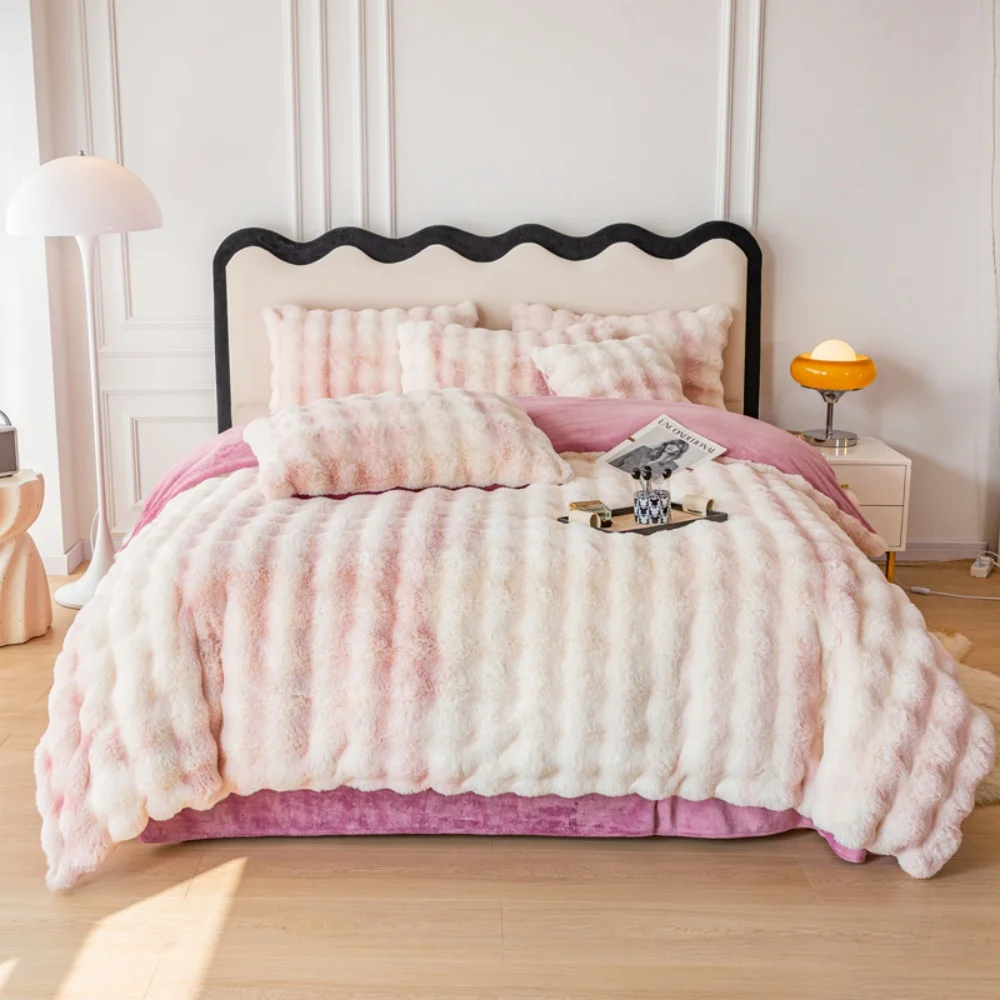 

4pcs High End Rabbit Plush Bed Four Piece Set Winter Thick Warm Bubble Velvet Cover Set Lace Bed Sheet Skirt Pillowcases Bedding
