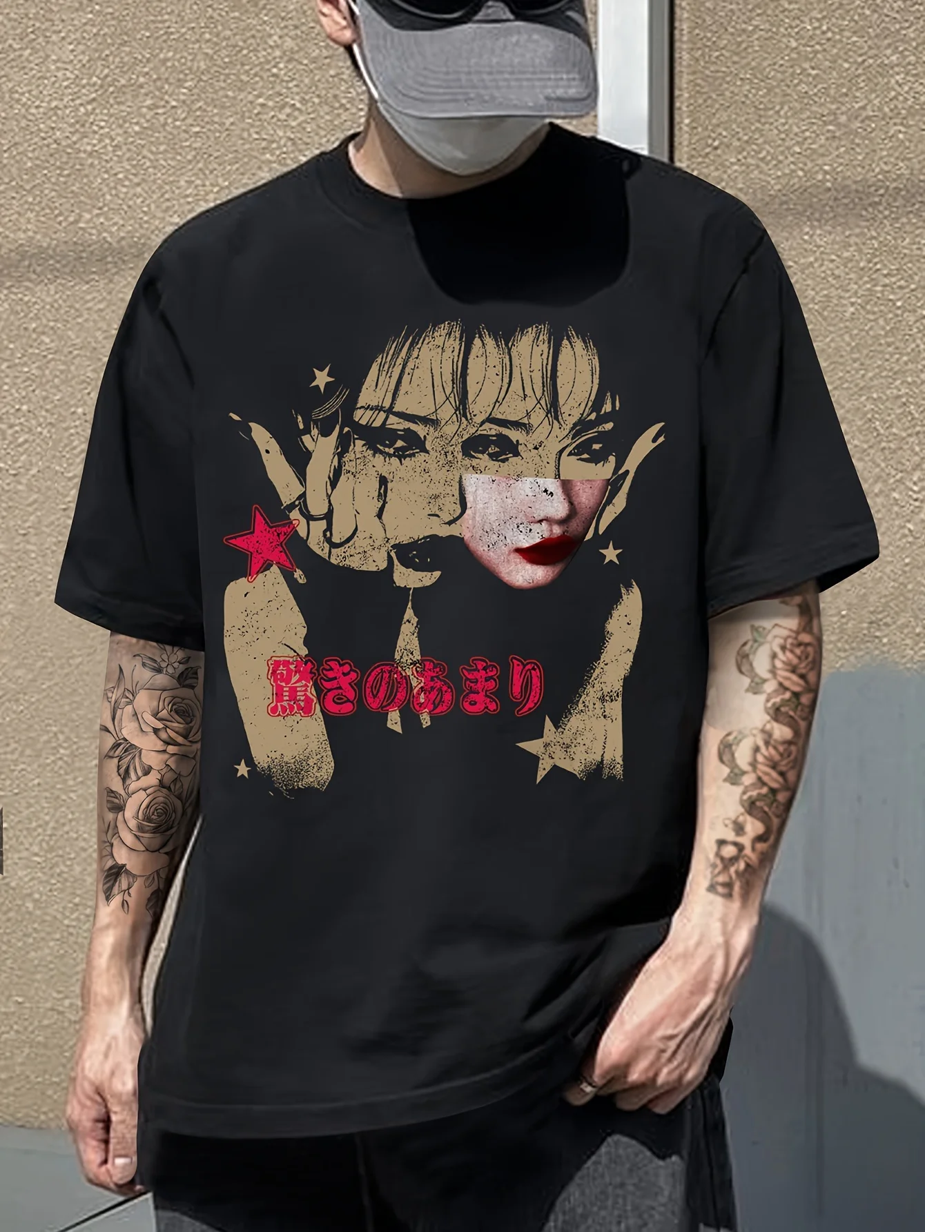 

Men s Casual Sporty Red Graphic Tee - Loose Fit Short Sleeve with Unique Character Portrait Print Polyester Blend