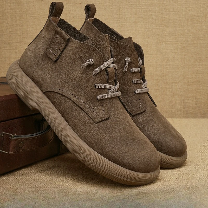 

Men's Cowhide Light-soled Front Lace-up Ankle Boots Outdoor Casual Shoes Men's Soft-soled High-top Leather Shoes