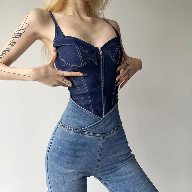 2024 New Retro Autumn Women Zipper Denim Bodysuit Long Sleeve Off Shoulder Skinny Bodysuits Sexy Camisole Slim Fitting Jumpsuit