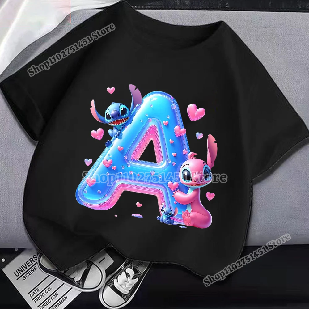 Camiseta de algodón con estampado de Lilo Stich Angel para niños y niñas, camisa de combinación de letras y nombres de Stitch, ropa negra