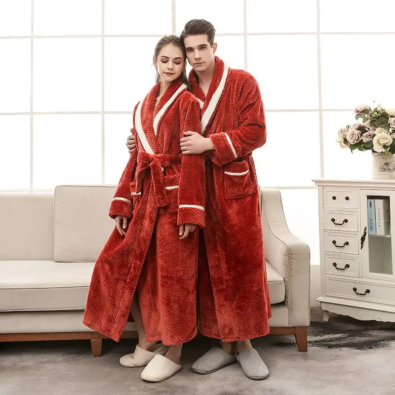 Men Winter Thick Luxury Elegant Flannel Robes Bathrobes Couple Lovers Trendy Belt Pocket Warm Sleepwear Homewear Long Nightwear