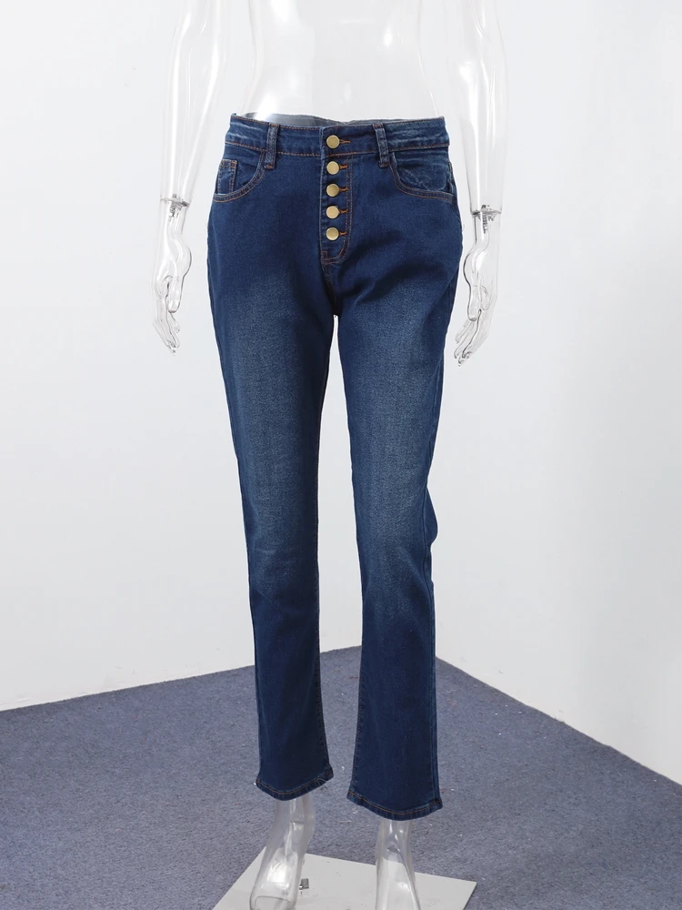 

Сексуальные облегающие джинсы из эластичного денима с высокой талией для женщин, синие брюки с карманами на пуговицах, винтажные осенние облегающие брюки для бега 2025 года