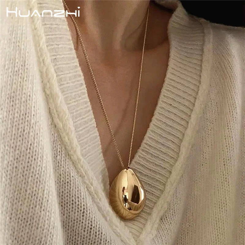 

HUANZHI Egg Shaped Water Droplet Pendant Necklace for Women Girls Minimalist Long Style Sweater Chain Classic Fashion Jewelry