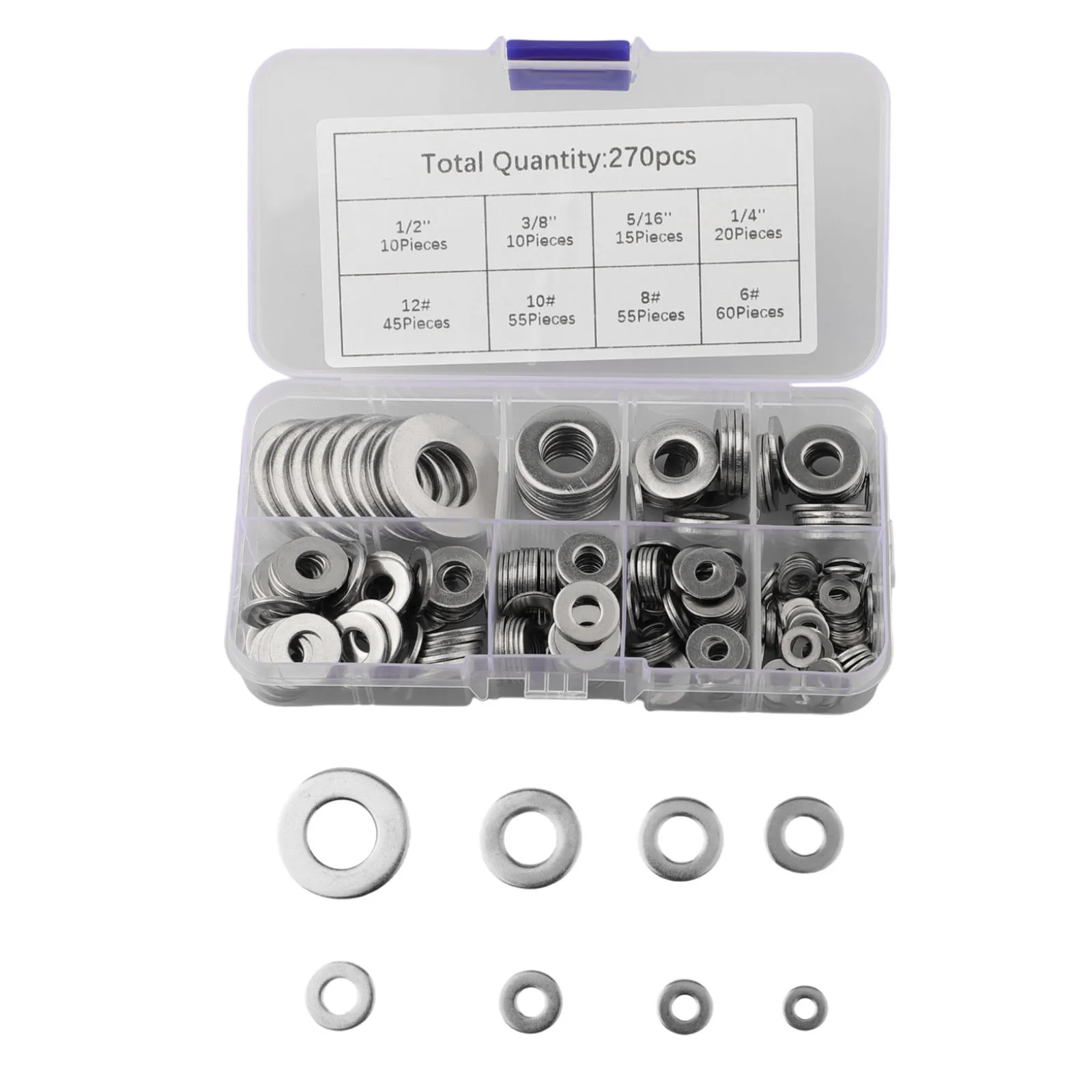 270pcs 8 Sizes Stainless Steel Flat Washer Plain Gasket Rings Assortment Kit 1/2 3/8 5/16 1/4 12# 10# 8# 6# Hardware Parts