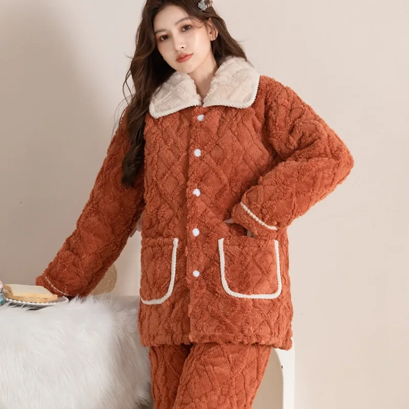 2024 New Winter Women's Pajamas Three Layers of Cotton Plush Thickened Warm Sleepwear Jacquard Velvet Loungewear Casual Homewear