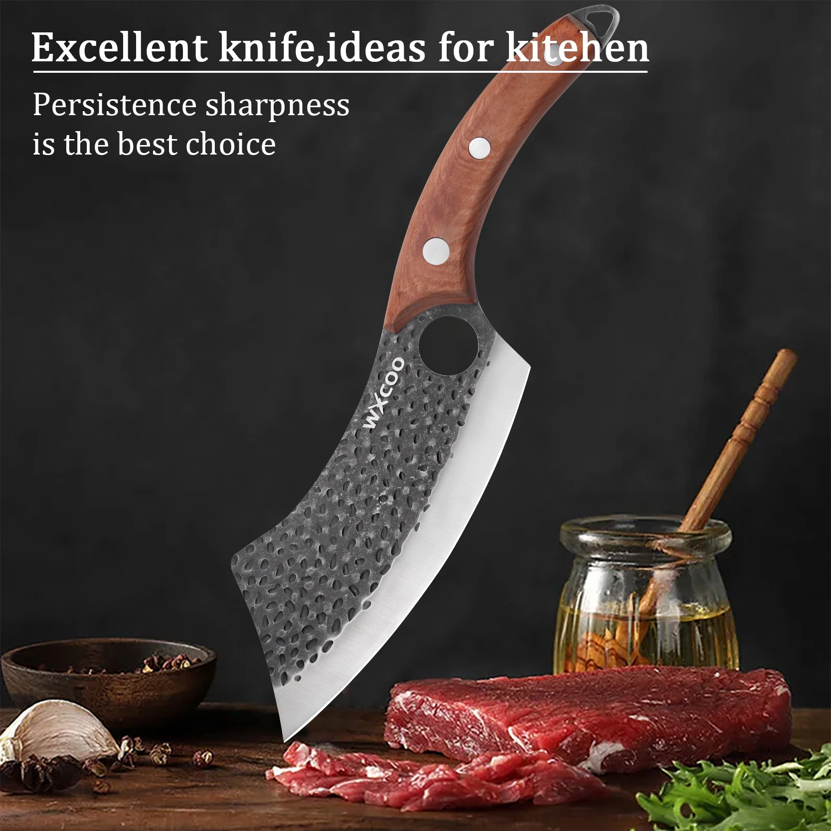 WXCOO Hand-Forged Butcher Knife Multi-function Bottle Opener Cutter Stainless Steel BBQ Kitchen Knives for Cooking Meat Cleaver