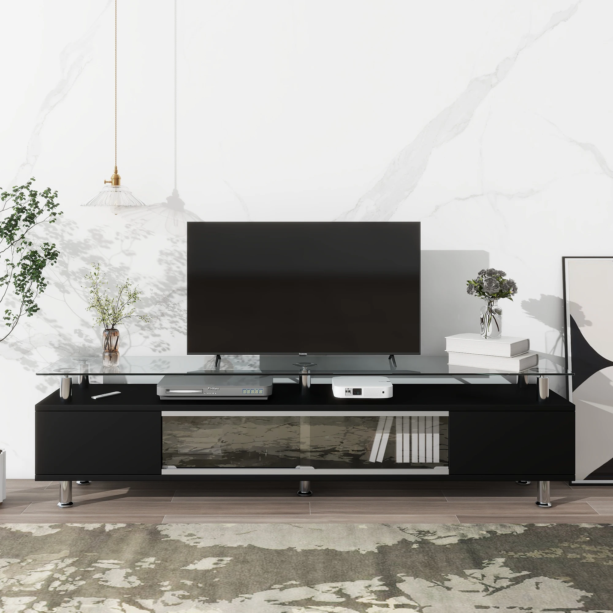 MDF Sleek Design TV Stand with Silver Metal Legs for TV Up to 70