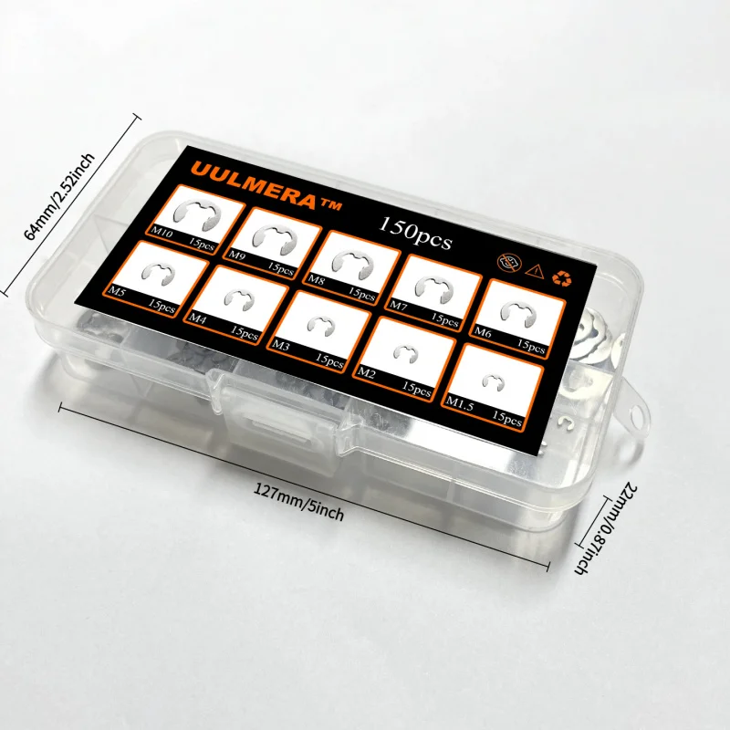 UULMERA 150PCS 304 SS E-Ring 10 Sizes M1.5-M10 C-Clip Snap Circlip Shaft External Locking Retaining Hardware Kit