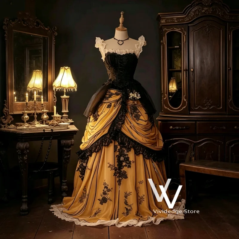 Vintage Black Yellow Wedding Dress Renaissance Corseted A-Line Medieval Special Occasion for Women dress Evening Gown Customized