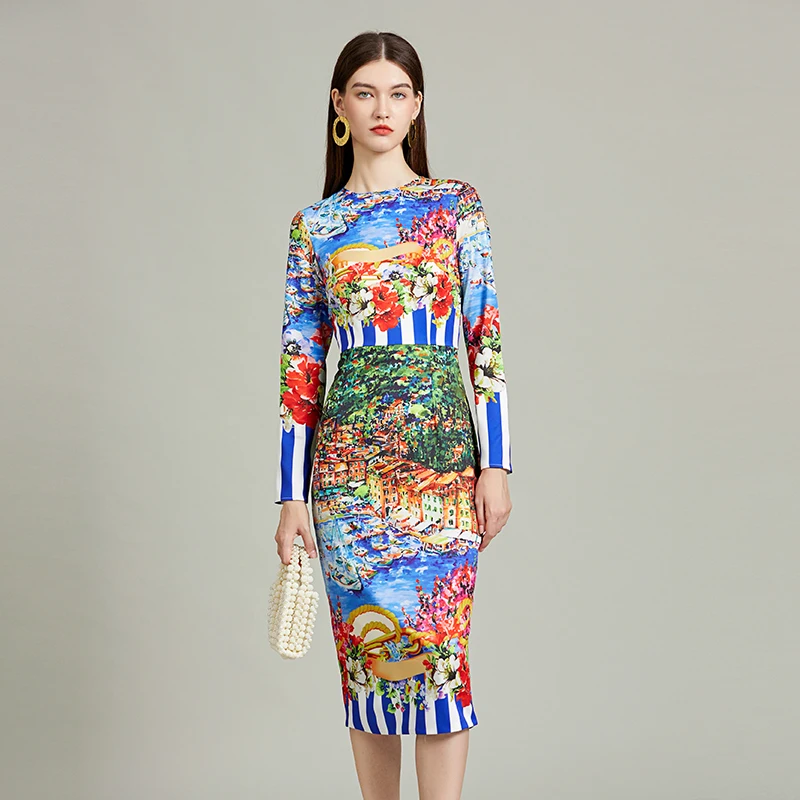 Runway Fashion Striped Landscape Painting Bodycon Dress Women Holiday O-Neck Long Sleeve Elegant Split Midi Vestidos 574