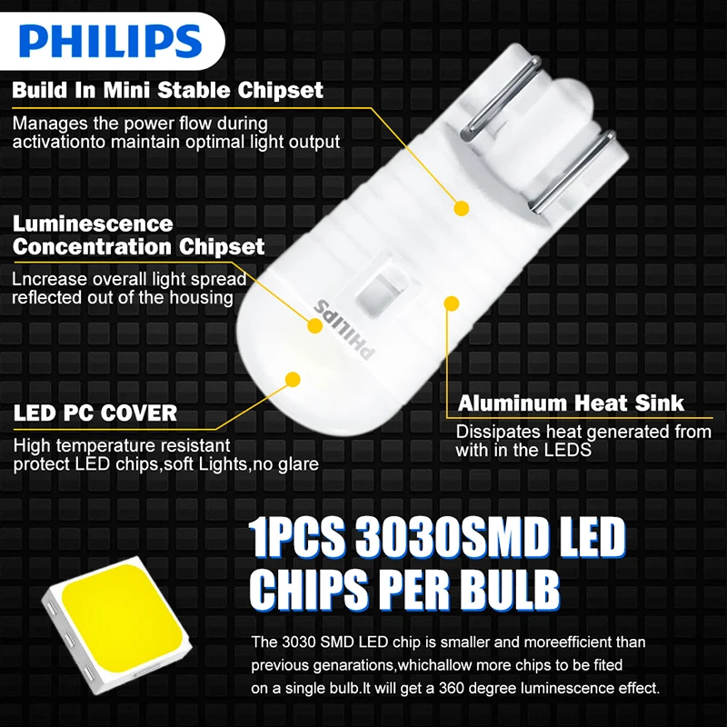 Philips LED T10 W5W Ultinon Pro3000 6000K White Turn Signal Lamps Car Interior Light Number Plate Door Bulbs 11961U30CWB2, 2pcs