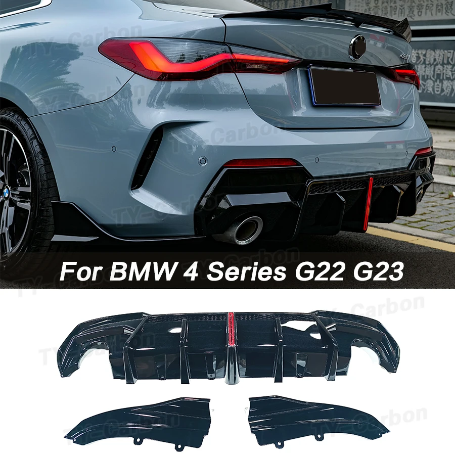 3Pcs PP Bright Black With Light Rear Diffuser Bumper Lip Splitter For BMW 4 Series G22 G23 M440i 420i 430i 435i Car Bodykit 2021